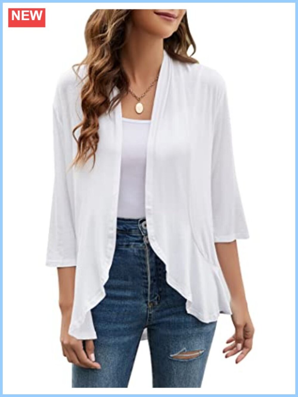 Women 3/4 Sleeve Open Front Ruffle Lightweight Draped Cardigan